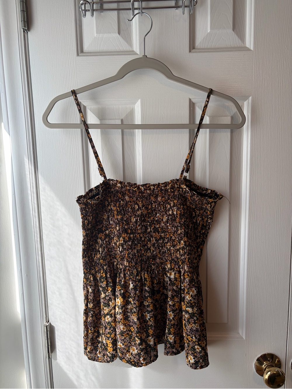 Smocked Floral Spaghetti Strap Women's Tank Top - Brown/Yellow